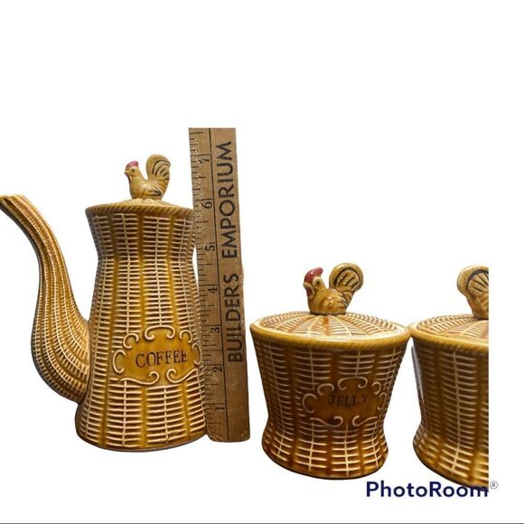 Japan Ceramic Basket Weave Rooster Coffee, Jelly and Jam Farmhouse Kitchen Set🐓 - Picture 3 of 7